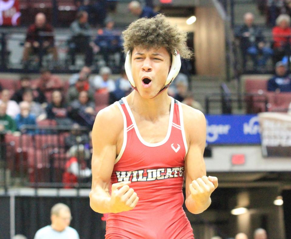 Newark's Jibreel Smith celebrates his victory in a Division I 126-pound consolation match during the OHSAA state championships at Ohio State on Saturday, March 11, 2023.