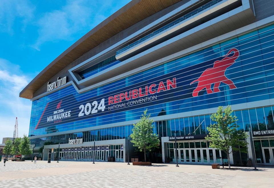 PHOTO: Fiserv Forum is pictured decorated for the Republican National Convention in Milwaukee, Wis. on July 1, 2024. The city of Milwaukee will host the 2024 Republican Convention at Fiserv Forum which will run from July 15 through July 18.  (Tannen Maury/AFP via Getty Images)