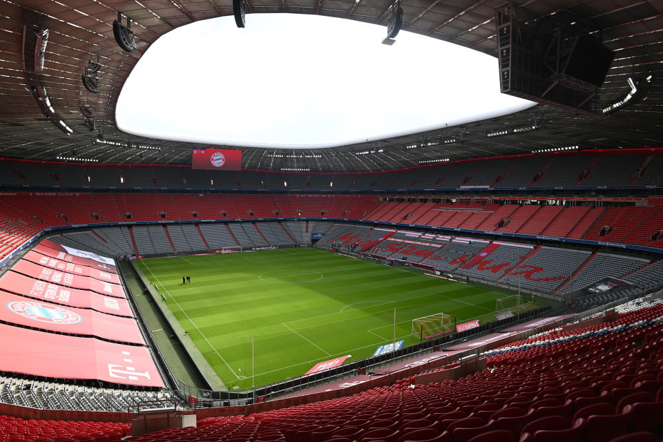 Die leere Allianz Arena vor einem Bayern-Spiel (Bild: Pool via REUTERS/Matthias Balk)