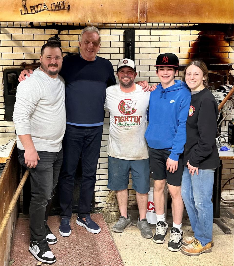 From left to right: Cook and manager Steve Fraser, Joe Montana, DeLucia's owner Christian DeLucia, son Joey DeLucia, and Jenna Calo.