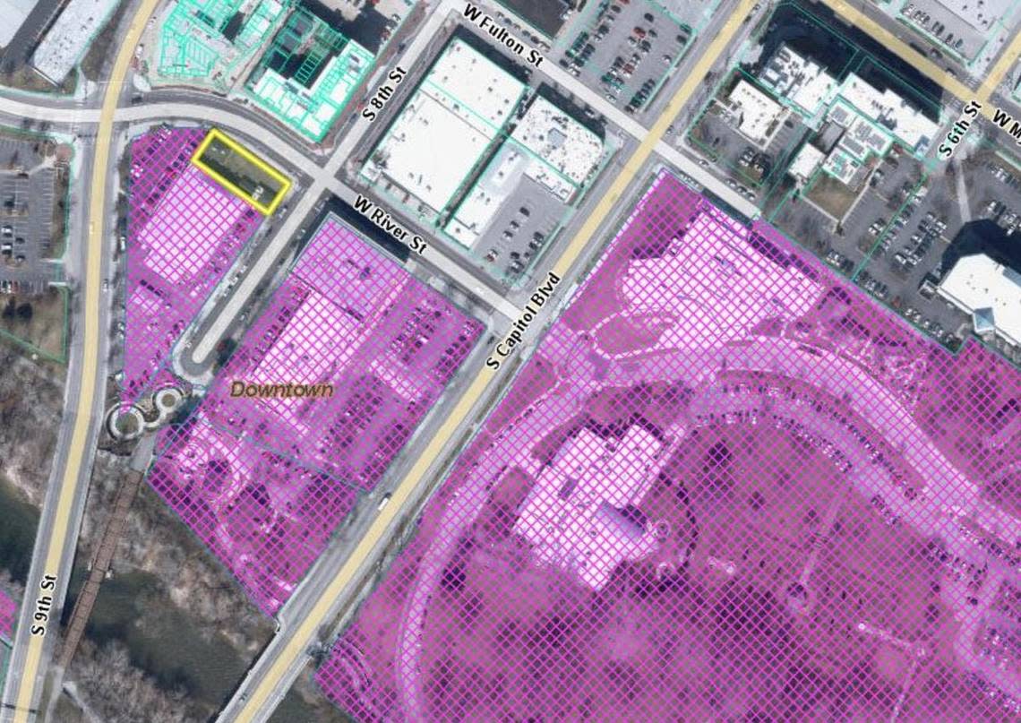 This map shows the city-owned land (purple and shaded) and the 703 S. 8th St. property that Boise’s urban renewal agency is considering buying (yellow and outlined rectangle). If the site is purchased, the city would own the land from Capitol Boulevard to South 9th Street and from the Greenbelt to River Street.