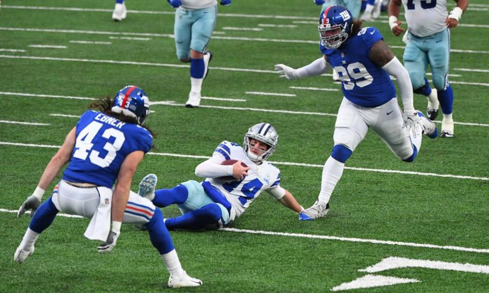 Ebner in action for the New York Giants against the Dallas Cowboys, in January.