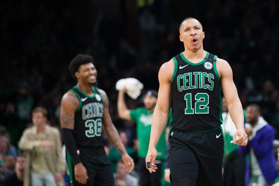 Grant Williams #12 of the Boston Celtics reacts after a call against the Philadelphia 76ers in the second half at TD Garden on February 1, 2020 in Boston, Massachusetts.