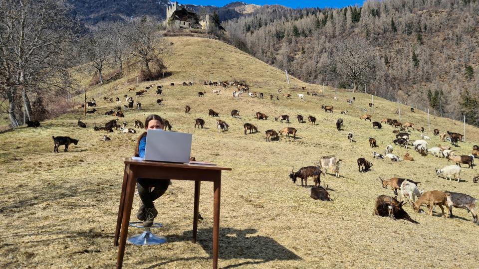 10-year-old Fiammetta attends her online lessons surrounded by her shepherd father's herd of goats in the mountains, while schools are closed due to coronavirus disease (COVID-19) restrictions, in Caldes, northern Italy, March 20, 2021. Picture taken March 20, 2021.