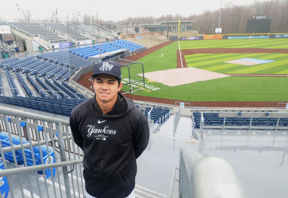 Hudson Valley Renegades pitcher Kyle Carr poses for a photo during media day at Heritage Financial Park on April 2, 2024.