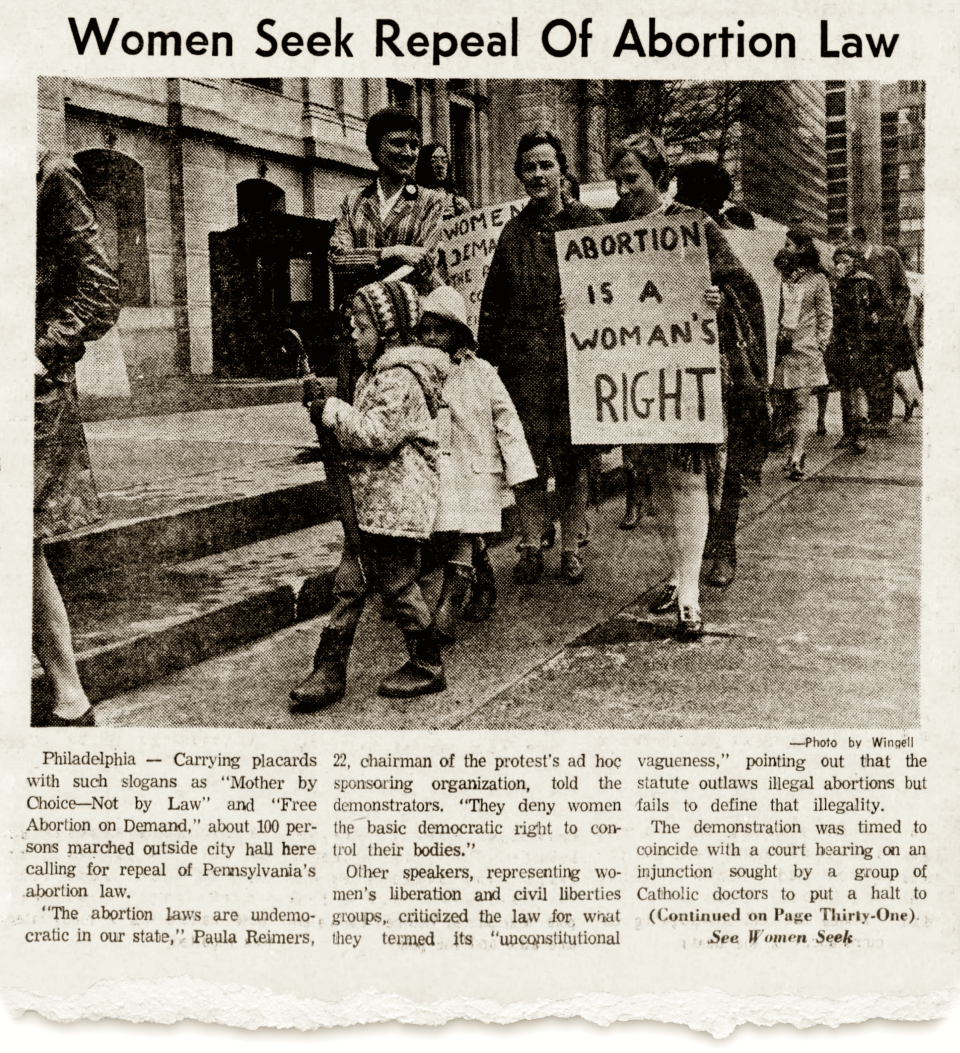 Coverage of a Philadelphia protest of Pennsylvania's abortion law appeared in The Gazette and Daily, April 27, 1970.