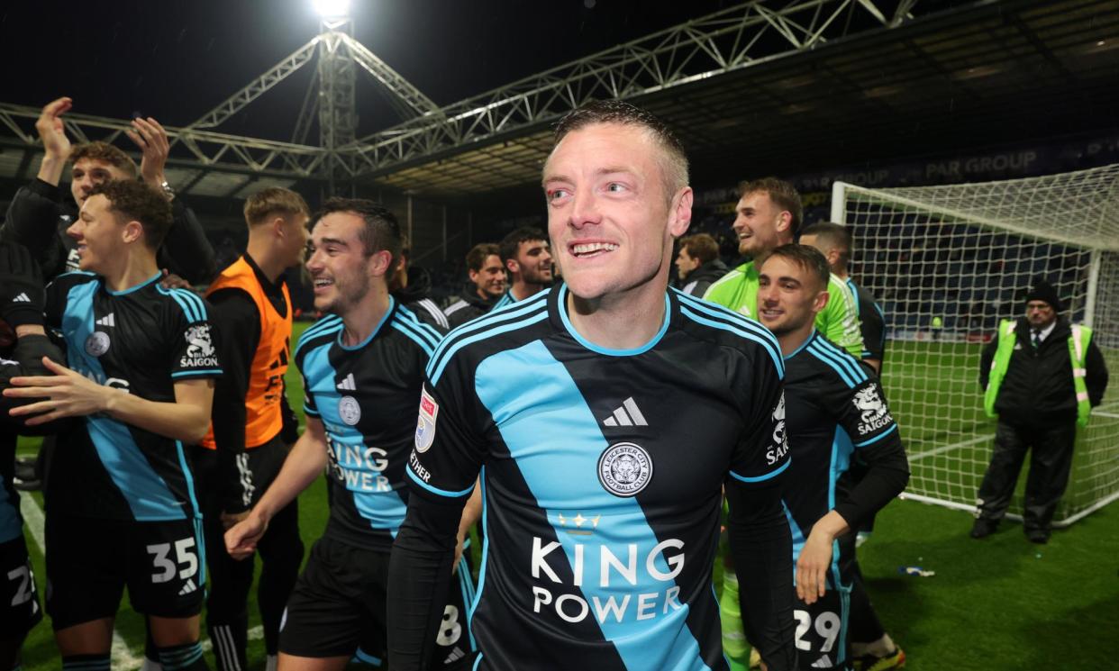 <span>Jamie Vardy and his Leicester teammates celebrate after securing the Championship title.</span><span>Photograph: Plumb Images/Leicester City FC/Getty Images</span>