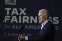 President Joe Biden speaks at a campaign event, Tuesday, April 16, 2024, in Scranton, Pa. Biden has begun three straight days of campaigning in Pennsylvania in his childhood hometown of Scranton. The Democratic president is using the working class city of roughly 75,000 as the backdrop for his pitch for higher taxes on the wealthy. (AP Photo/Alex Brandon)