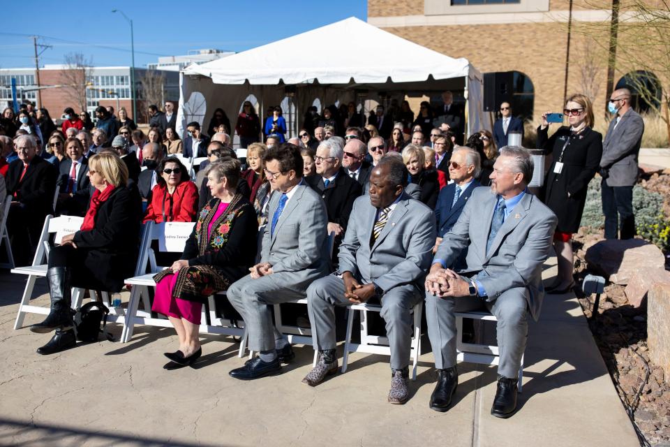 Guests listen to speakers before the unveiling of the newly named Francis Graduate School of Biomedical Sciences, before a special meeting of the Texas Tech University System Board of Regents in El Paso, Texas, Thursday, Feb. 24, 2022. Rick and Ginger Francis gifted a $10 million endowment to the Graduate School of Biomedical Service’s Center at Texas Tech University Health Sciences Center.