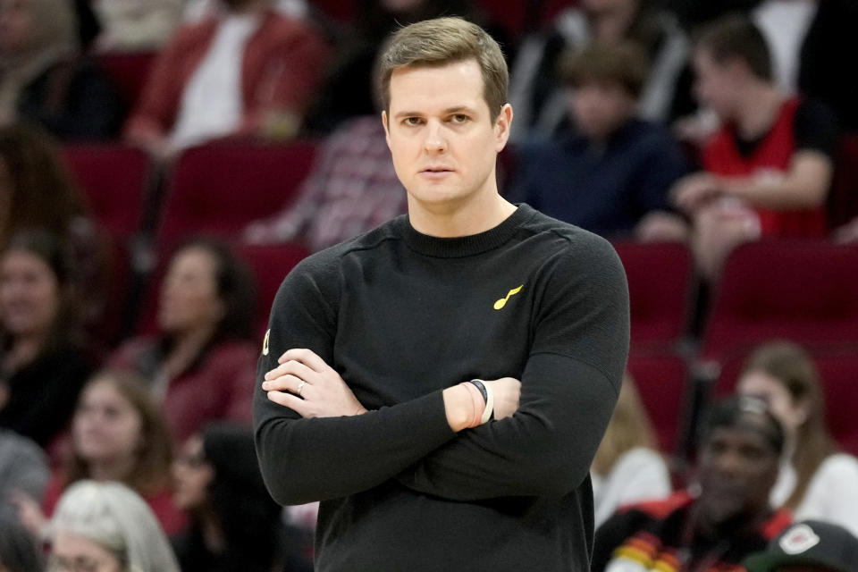 Utah Jazz head coach Will Hardy watches from the sideline during the first half of an NBA basketball game against the Houston Rockets, Saturday, Jan. 20, 2024, in Houston. (AP Photo/Eric Christian Smith)