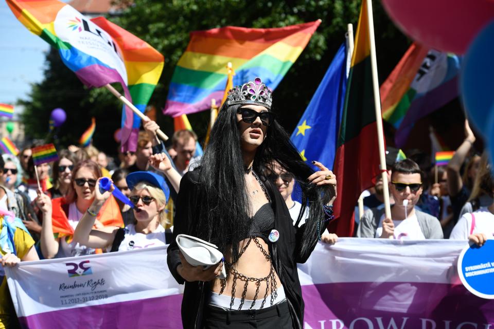 <p>Protesters take part in the Baltic gay pride parade in Riga, Latvia on June 9, 2018. LGBT groups from Estonia, Latvia and Lithuania gather for the Baltic Pride parade 2018. (Photo: Ilmars Znotins/AFP/Getty Images) </p>