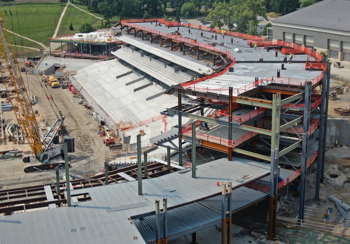 Construction on the west section of David Booth Kansas Memorial Stadium in Lawrence.