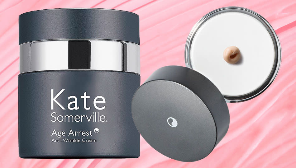 Kate Somerville Age Arrest anti-wrinkle cream container shown from the front on the left side and open from above on the right. 