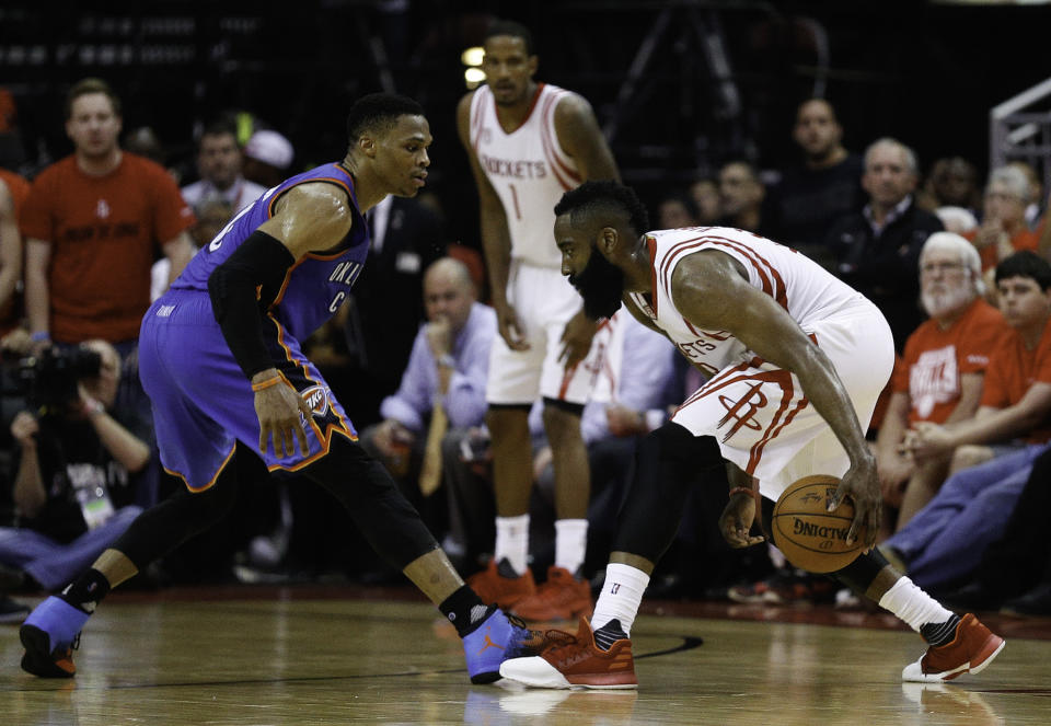 Russell Westbrook and James Harden could be back-to-back league MVPs. (Getty)