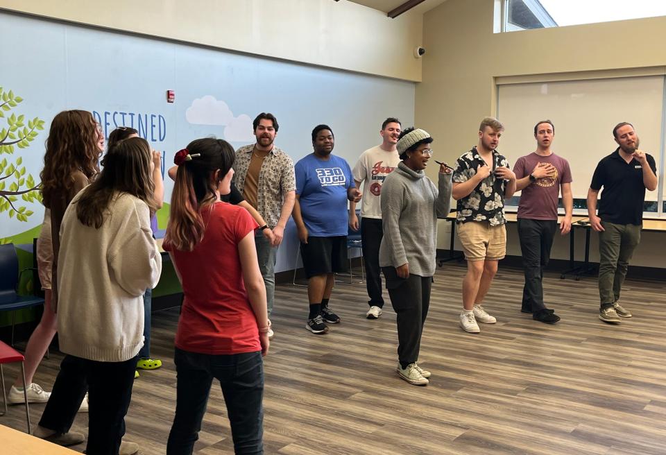 Members of Vox Audio rehearse last week in preparation for this weekend's performances of "We're Still Standing," which feature a cappella songs by Billie Eilish, Sam Smith, Charlie Puth, Elton John, Queen, Lady Gaga and Destiny's Child. Shows are Friday and Saturday at the Cultural Center Theater in downtown Canton.
