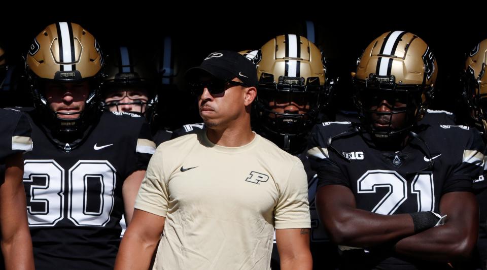 Purdue Boilermakers head coach Ryan Walters waits to take the field ahead of the NCAA football game against the Illinois Fighting Illini, Saturday, Sept. 30, 2023, at Ross-Ade Stadium in West Lafayette, Ind.