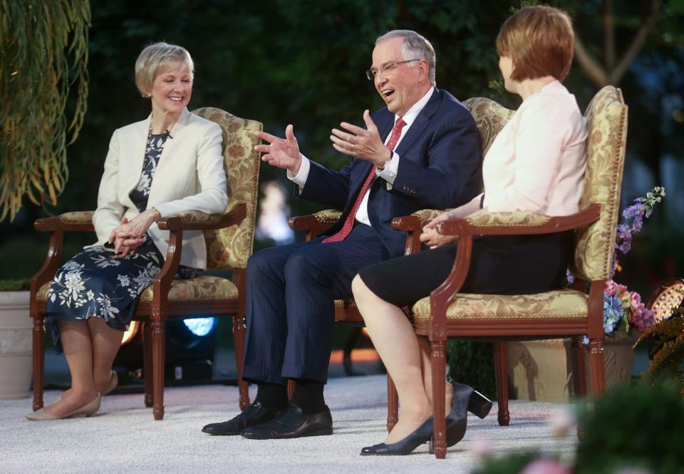 Relief Society General President Jean B. Bingham, Elder Neil L. Andersen, of the Quorum of the Twelve Apostles, and Sister Sharon Eubank, first counselor in the Relief Society general presidency, film a Face to Face event for single adults age 31 and older on the Logan Utah Temple grounds in Logan on Monday, June 7, 2021. | Kristin Murphy, Deseret News