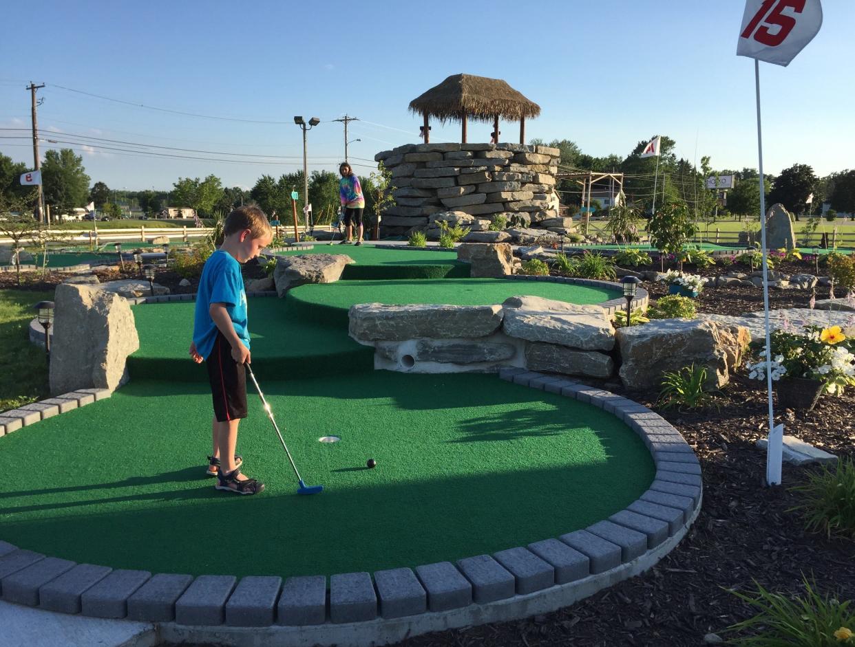 Families and friends can enjoy a little friendly competition on the Mayan Civilization-inspired mini golf course at The Ruins Adventure Mini Golf & Ice Cream, 150 Howard Lane, in Oconto.