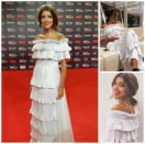 Calu Rivero. La it girl catamarqueña se animó a llevar este romántico vestido, de la diseñadora uruguaya Margo Baridon, para la última entrega de los Premios Platino. - Fotos: Instagram.com/lacalurivero / Instagram.com/margobaridon