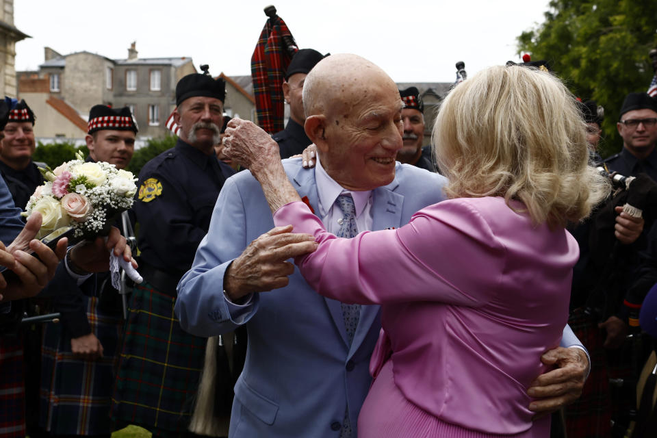 US WWII veteran Harold Terens, 100, left, and Jeanne Swerlin, 96, arrive to celebrate their wedding at the town hall of Carentan-les-Marais, in Normandy, northwestern France, on Saturday, June 8, 2024. Together, the collective age of the bride and groom was nearly 200. But Terens and his sweetheart Jeanne Swerlin proved that love is eternal as they tied the knot Saturday inland of the D-Day beaches in Normandy, France. (AP Photo/Jeremias Gonzalez)