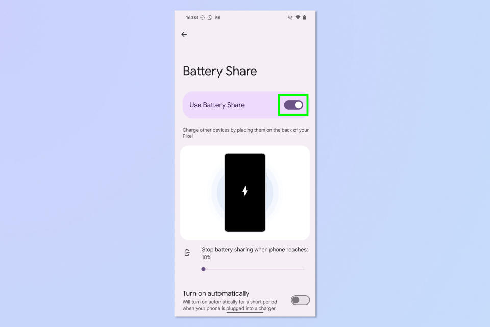 A screenshot showing how to enable battery share on Google Pixel phones