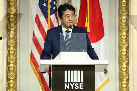 Japanese Prime Minister Shinzo Abe delivers a speech on Japan's economy and investment-friendly reforms at New York Stock Exchange in Manhattan, New York, U.S., September 20, 2017. REUTERS/Amr Alfiky