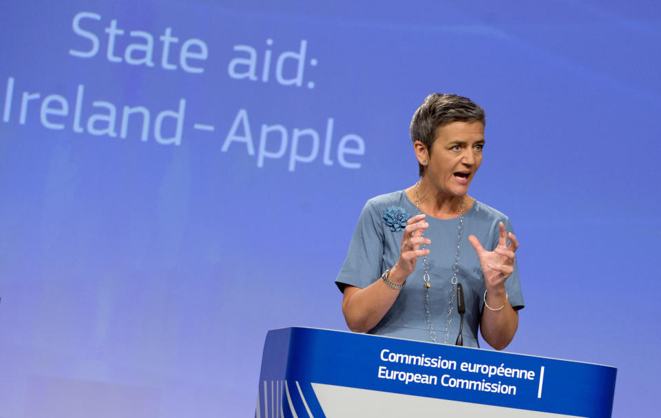 FILE - In this Tuesday, Aug. 30, 2016 file photo, European Union Competition Commissioner Margrethe Vestager speaks during a media conference at EU headquarters in Brussels. A European Union high court on Wednesday, July 15, 2020 ruled in favor of technology giant Apple and Ireland in its dispute with the EU over 13 billion euros, 15 billion US dollars in back taxes. (AP Photo/Virginia Mayo, File)