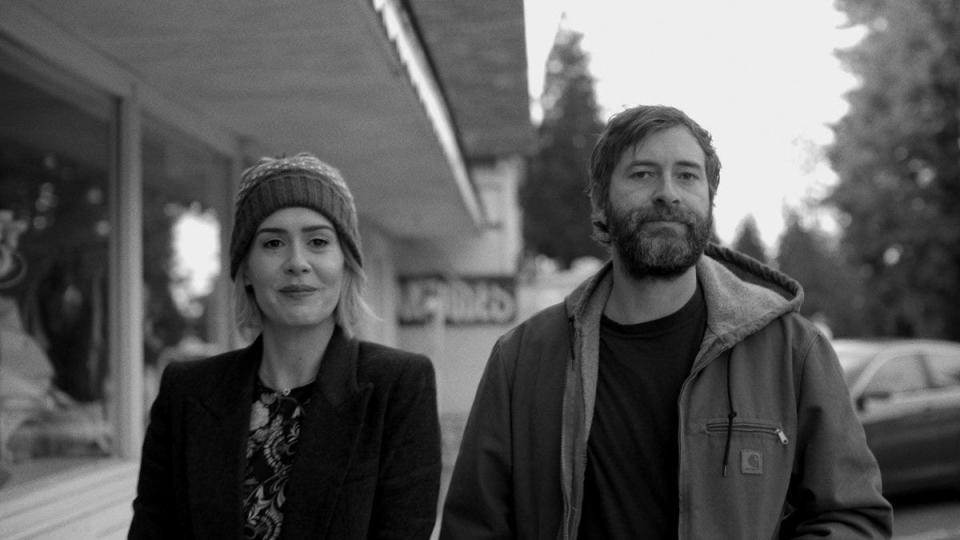 Sarah Paulson and Mark Duplass walking