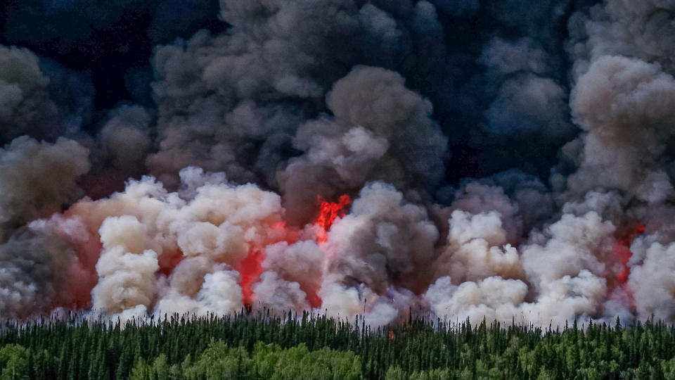 Smoke billows upwards from a planned ignition by firefighters tackling the Donnie Creek Complex wildfire south of Fort Nelson, British Columbia, Canada June 3, 2023.  (B.C. Wildfire Service/Handout via Reuters)