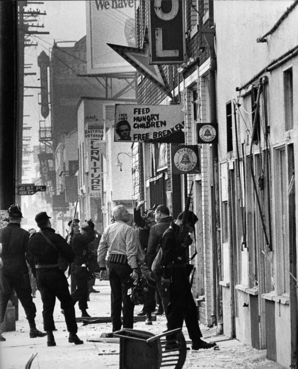 black and white photo of Black Panther headquarters on 41st and Central Avenue after the shootout with police, 1969