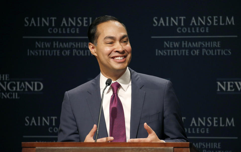 Julian Castro, former U.S. Secretary of Housing and Urban Development and candidate for the 2020 Democratic presidential nomination, speaks at Saint Anselm College, Wednesday, Jan. 16, 2019, in Manchester, N.H. (AP Photo/Mary Schwalm)