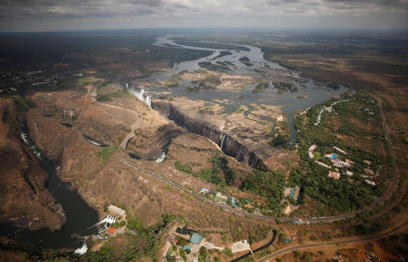 A dry section of the Zambezi river is seen above the gorge on the Zambian side of Victoria Falls