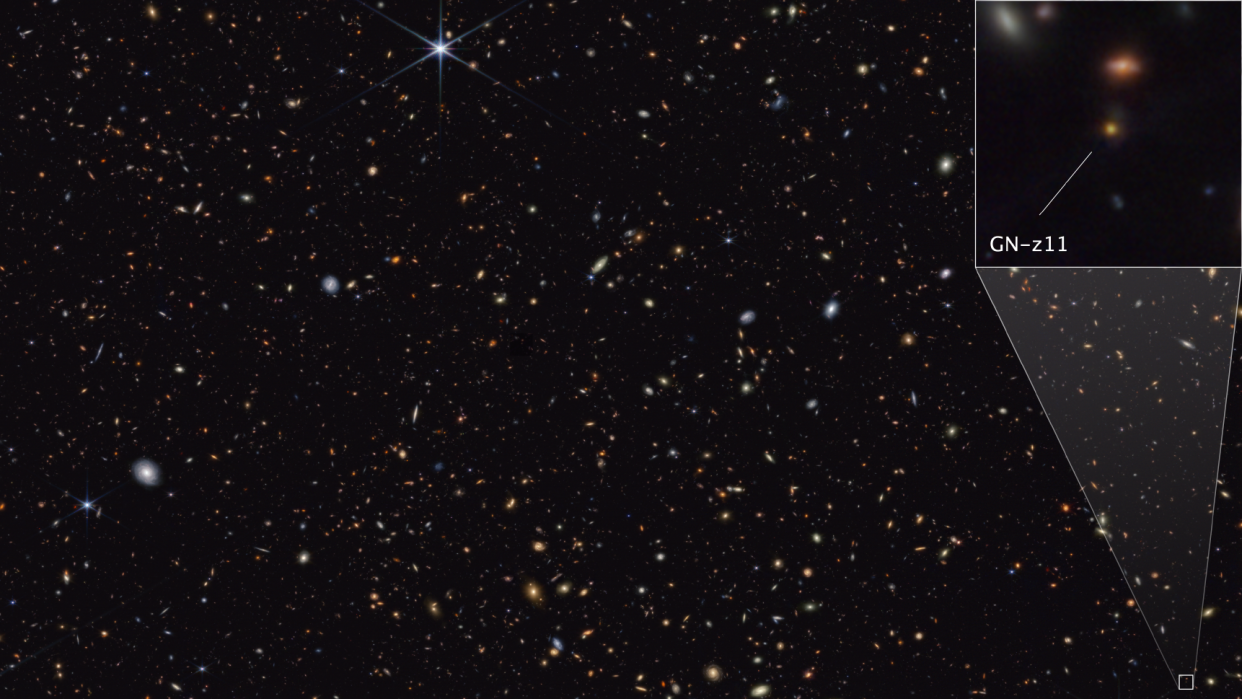  A very starry and galactic section of deep space. A box on the top-right shows an enlarged view of one of the galaxies. 