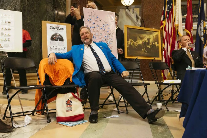 State Rep. Timothy Ramthun of Wisconsin, who turned his push to decertify the 2020 presidential election into a campaign for governor, at a rally in Madison, Feb. 15, 2022. (Taylor Glascock/The New York Times)