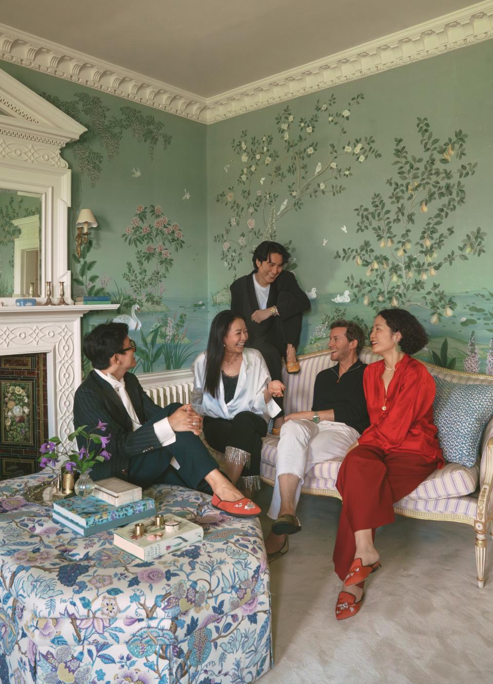 Bing Xu, left, with friends wearing styles from the de Gournay x Bing Xu footwear collection