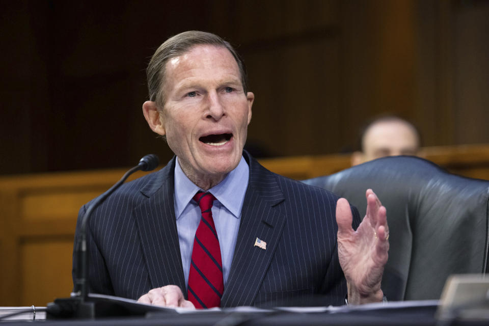 Sen. Richard Blumenthal, D-Ct., speaks as FBI Director Christopher Wray testifies before the Senate Judiciary Committee on Capitol Hill in Washington, Tuesday, March 2, 2021. (Graeme Jennings/Pool via AP)