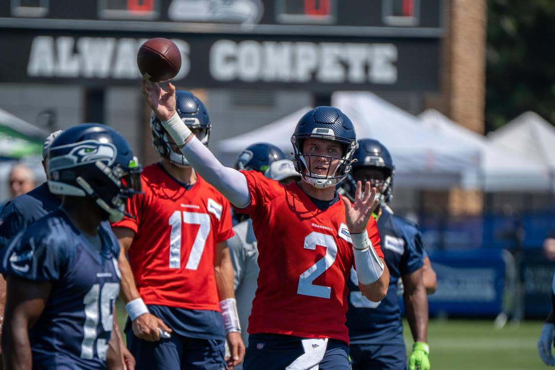 Seattle Seahawks quarterback Drew Lock works on his throwing passing to his teammates during the second day of Seahawks training camp at the Virginia Mason Athletic Center on July 28, 2022.