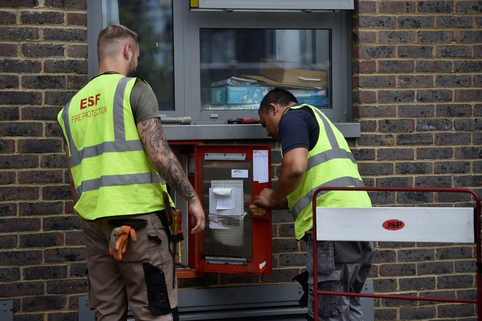 Workmen inspect safty equipment at the Dorney Tower