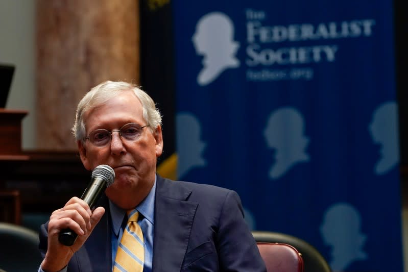 Senate Majority Leader Mitch McConnell speaks to a gathering of the Federalist Society at the State Capitol in Frankfort