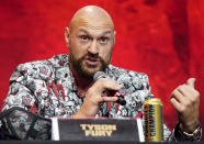 Tyson Fury during a press conference at Outernet, London, Thursday Sept. 7, 2023. (James Manning/PA via AP)