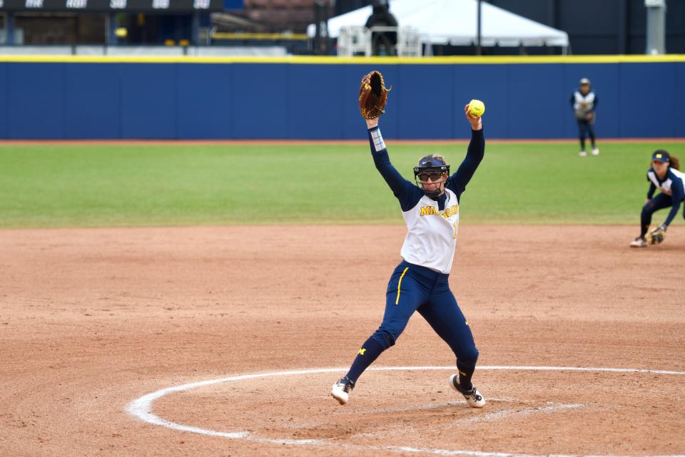 Michigan pitcher Meghan Beaubien throws during the NCAA regional game against James Madison on Monday, May 20, 2019, in Ann Arbor.