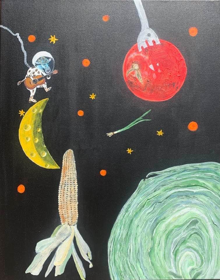 Children’s book author Becky Chaffee is also an artist. Her piece “Mission Accomplished: Vegetation on Mars” pays homage to NASA’s mission to Mars searching for vegetation, July, 2021.