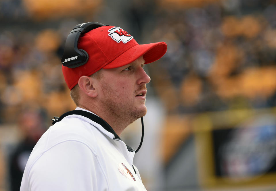 Britt Reid of the Kansas City Chiefs looks on from the sideline before a game against the Pittsburgh Steelers at Heinz Field on December 21, 2014 in Pittsburgh, Pennsylvania.  The Steelers defeated the Chiefs 20-12. (Photo by George Gojkovich/Getty Images) 