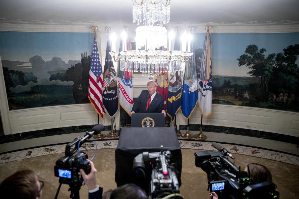 President Donald Trump speaks in the Diplomatic Room of the White House in Washington, Sunday, Oct. 27, 2019, to announce that Islamic State leader Abu Bakr al-Baghdadi has been killed during a US raid in Syria. (AP Photo/Andrew Harnik)