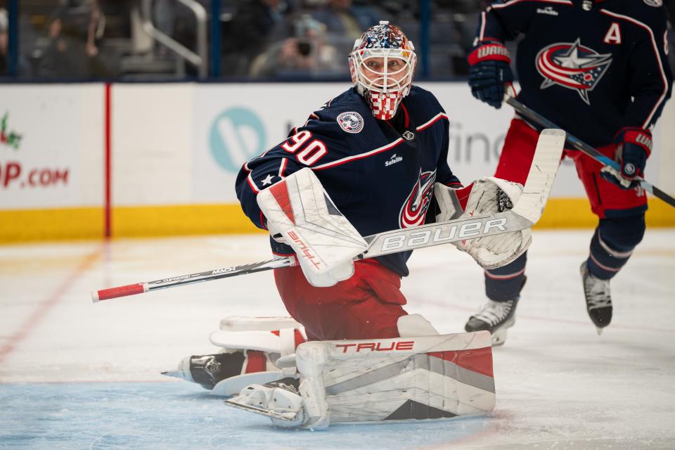 Nov 29, 2023; Columbus, Ohio, USA;
Columbus Blue Jackets goaltender Elvis Merzlikins (90) watches on as he defends the goal during the second period of their game against the Montreal Canadiens on Wednesday, Nov. 29, 2023 at Nationwide Arena.