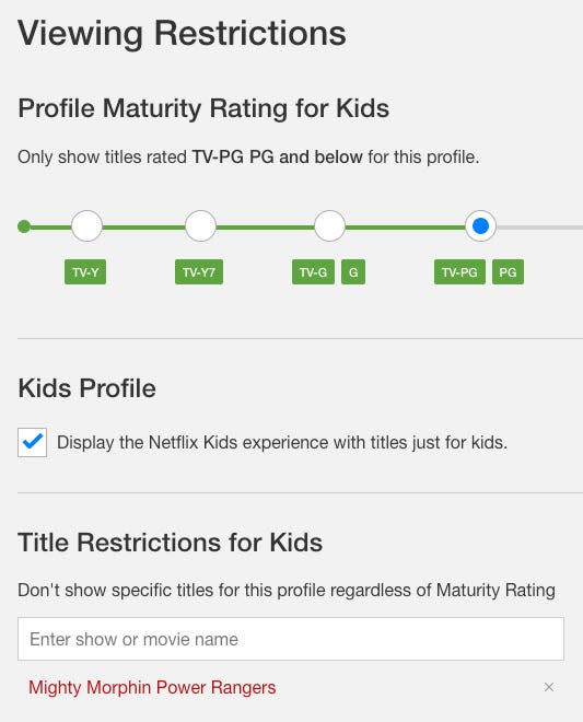 Netflix's viewing-restrictions page includes a sliding scale for maturity ratings (from TV-Y to PG), a checkbox to include a kids profile, and a text box to add restricted titles.