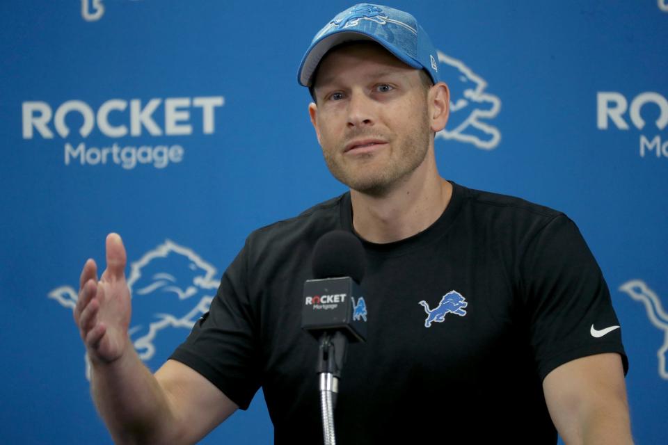 Lions offensive coordinator Ben Johnson talks with reporters before training camp on Wednesday, July 26, 2023, in Allen Park.