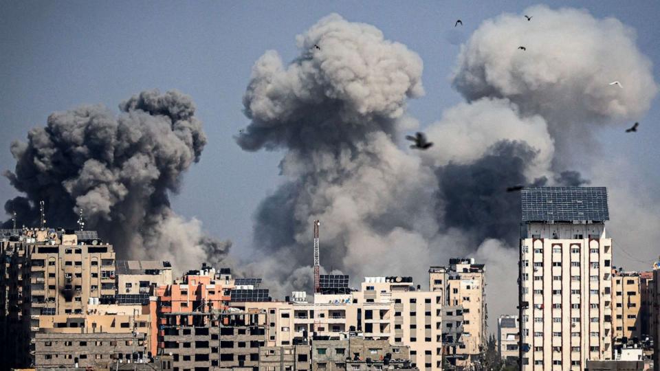 PHOTO: Smoke plumes billow during Israeli air strikes in Gaza City on Oct. 12, 2023. (MAHMUD HAMS/AFP via Getty Images)