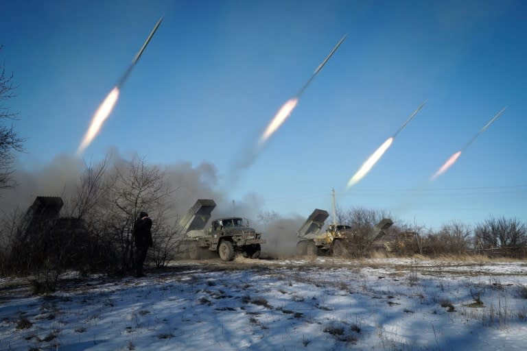 Pro-Russian rebels stationed in the eastern Ukrainian city of Gorlivka, Donetsk region, launch rockets from Grad launch vehicles on February 18, 2015