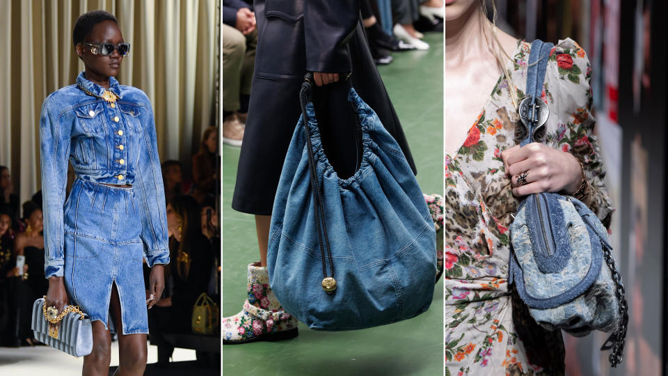 Fall 2024 bag trend of denim bags at Schiaparelli, Loewe, Diesel